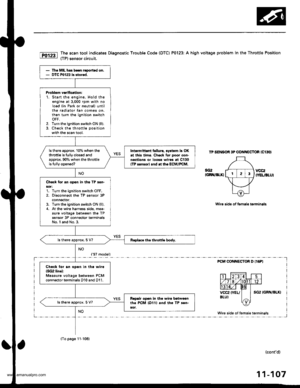 Page 309
The scan tool indicates Diagnostic Trouble Code (DTC) P0123: A high voltage problem in the Throttle Position
(TP) sensor circuit.
TP SENSOR 3P @]{NECTOR IC13O}
sG2(GnN/Br.XlvocrtYEt /8LU)
{GBIT/BLKI
(contd)
11-107
Wiro side of fom.le terminals
PCM CON{ECTOF D I16PI
Wire side ot female terhinals
The MIL hlr br€n r.9ort.d on.DTC P0123 ir stored.
Pioblom vorificltion:1. Start the ongin6. Hold th€ongine at 3,000 rpm with noload {in Park or neutral) untilth6 radiator fan comes on.then turn the ignition...