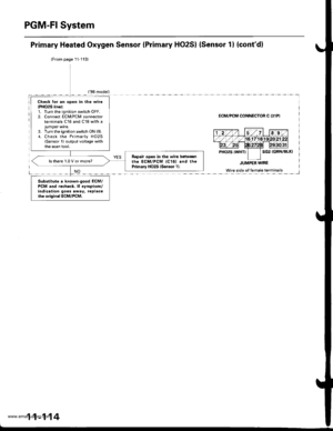 Page 316
PGM-FI System
Primary Heated Oxygen Sensor lPrimary HO2S) {Sensor 1} {contdl
(From page11-l13)
ECM/PCM CONNECTOR C {31PI
11-114
Ch.ck for an open in the wire(PHO2S linel:1. Turn the ignition switch OFF.2. Connect ECM/PCM connectorterminals C16 and C18 with a
3. Turn the ignition switch ON {ll).4. Check the Primarly H02S(Sensor 1) output voltage withthe scan tool.
R€p.ir open in the wire bqtw€enthe ECM/PCM (C161 and th€Primary HO2S (Sen.orl).ls there 1,0 V or more?
Substitute a known-good ECM/PCM and...