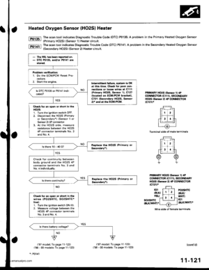 Page 323
Heated Oxygen Sensor (HO2S| Heater
The scan tool indicatos Diagnostic Trouble Code (DTC) P0135: A problem in the Primary Heated Oxygen Sensor
{Primarv HO2S) (Sensor 1) Heater circuit.
The scan tool indicates Diagnostic Trouble Code (DTC) P0141: A problem in the Secondary Heated Oxygen Sensor
(Secondary HO2S) (Sensor 2) Heater circuit.
Fol3sl
Fo11tl
PBIMARY HO2S ls.n.or ll 4PCONNECTOR (CI 1 1 I, SECONDARYHO2S ls.n.o.2l aP CONNECTORlc721l.
Terminal side of male t€rminals
PRIMARY HO2S lson.o. 1l...