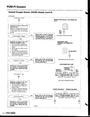 Page 324
PGM-FI System
Heated Oxygen Sensor IHO2S) Heater (contd)
{97 model)
(From page l1-121)
PRIMARY HO2S (S.nsor 1) ap CONNECTOR{cl111
| 112 ||.i-l
13 .l
ot X-tErK/ (9YELI -L
Wire side of female terminals
SECONDARY HO2SISENSOR 21 4P CONNECTORlcr21l,
IGl IBLK/WHTI
Wire side ol female terminals
Wire side of female terminals
So2HTCIALK/WHTI* PO2SHTCIBLK/WHTI
Chock for en open or lhort in thewire (lG1 line):Measure voltage between theHO2S 4P connector terminal No.3 (secondary: No. 4) and bodyground,
Reprir op6n...