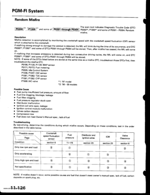 Page 328
PGM-FI System
Random Misfire
lF()gool, tftod- and some or lpiogol throughTo3oti
The scan tool indicates Diagnostic Trouble Code (DTC)
P0300*,, P1300*1 and some of po30t - pO3O4; Randommisfire.
Descriotion
Misfire detection is accomplished by monitoring the crankshaft speed with the crankshaft speed fluctuation (cKF) sensorwhich is attached to the crankshaft.lfmisfiring strong enough to damage the catalyst is detected, the MIL will blink during the time of its occurrence, and DTcP0300*, P1300*1 and some...