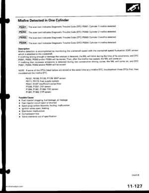 Page 329
Misfire Detected in One Cylinder
Ipffi1] Thescantoot indicates Diagnostic Trouble Code (DTC) P0301: Cylinder 1 misfire detected.
lF03O2l 16.n toot indicates Diagnostic Trouble Code (DTC) P0302; Cylinder 2 misfire detected.
I P0303 | fne scan tool indicates Diagnostic Trouble Code (DTC) P0303: Cylinder3 misfire detected.
lF0il04l 16 un tool indicates Diagnostic Trouble Code (DTC) PO3O4: Cylinder 4 misfire detected
Description
Misfire detection is accomplished by monitoring the crankshaft speed with the...