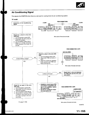 Page 357
Air Conditioning Signal
This signals the EcM/PcM when there is a demand for cooling from the air conditioning system.
97 modol:
Wire side of lemale terminals
PCM CONNECTOR C (31PI
ACS IBLU/RED)
PCM CONNECTOR A (:TIPI
(contd)
1 1-1 55
Chock for a shorl in thc wiro(ACS linol:1. Turn the ignition switch OFF.2. Disconnect the A/C pressure
switch 2Pconneclor.3. Turn the ignition switch ON (ll).,1. [Ieasu re voltage betweenPCM connector terminals C5
and A9.
Check for . .hon in the wire IAGSlinel:1. Turn the...