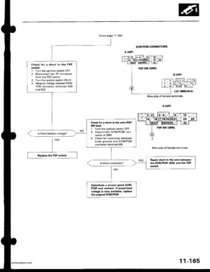 Page 367
{From page 11 164i
Check for a short in the PSPswitch:1. Turn the ignition switch OFF.2, Disconnect the 2P connectorfrom the PSP switch.3. Turn the ignition switch ON (ll).
4. Measure voltage betlveen ECM/PCM connector terminals A26and 820.
Check lor e 3hort in the wire IPSPSW linell1. Turn the ignition switch OFF.2. Disconnect ECM/PCM con-nector A (32P).
3. Check for continuity betweenbody ground and ECM/PCMconnector terminal A26.
ReDair short in the wir€ bstweenthe ECM/PCM (A26) and the PSPswitch....