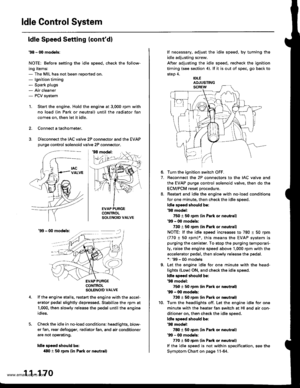 Page 372
ldle Control System
ldle Speed Setting (contd)
38 - 0O mod6l3:
NOTE: Before setting the idle speed, check the follow-
ing items:- The MIL has not been reported on.- lgnition timing- Spark plugs
- Air cleaner- PCV system
1. Start the engine. Hold the engine at 3.000 rpm with
no load (in Park or neutral) until the radiator fan
comes on, then let it idle.
Connect a tachometer.
Disconnect the IAC valve 2P connector and the EVAP
purge control solenoid valve 2P connector.
CONTROLSOLENOID VALVE
SOLENOID VALVE...