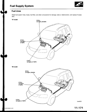 Page 373
Fuel Supply System
Fuel Lines
Check fuel system lines, hoses, fuel filter, and other components for damage, leaks or det6rioration, and r€place it neces-
sary.
97 model:33 N.m(3.4 kg(.m, 2s lbf.ftl
27 N.m12.8 kg{.m, 21 lbf.ft)
98 model:
(contd)
11-171
27 N.rn(2.8 kgl.m, 21 lbf.ft)
www.emanualpro.com  