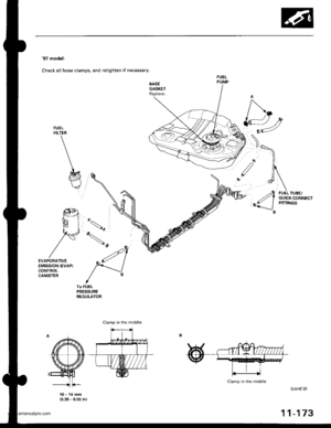 Page 375
97 model:
Check all hose clamps, and retighten if necessary.
FUELFILTER
/\
{2
,1