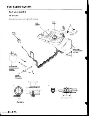 Page 376
Fuel Supply System
Fuel Lines (confd)
98 - (X) models:
Check all hose clamps, and retighten if necessary.
SASEGASKETReplace.
FUELFILTER
To FUELPRESSUREREGULATOR
10-14mm(0.39 - 0.ss in)
Clamp in the middle
11-174
www.emanualpro.com  