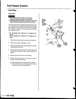 Page 384
Fuel Supply System
Fuel Filter
Replacamont
. Do not smoke whilo working on tuol syslom,Keep open flame away from your work area.. While rsplscing ths fuolfihor. bo careful to ko€p a safedistanca betweon baftsry tarminals and any tools,
The fuel filter should be replaced whenever the fuel Dres-sure drops below the specified value* with the fuel pres-
sure regulator vacuum hose disconnected and pinchedl
after making sure that the fuel pump and the fuel pres-
sure regulator are OK.
i: 97 - 98 modelsi 260 -...