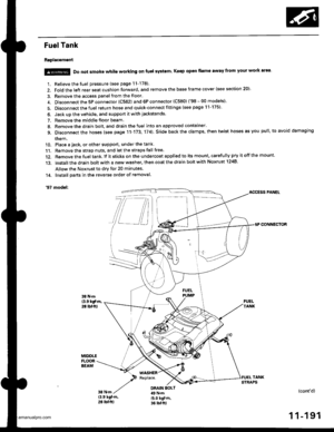 Page 393
Fuel Tank
Replacement
1. Relieve the fuel pressure (see page 11-178).
2. Fold the left rear seat cushion forward, and remove the base frame cover {see section 20).
3. Remove the access panel from the floor.
4. Disconnect the 5P connector 1C562) and 6P connector (C580) (98-00 models)
5. Disconnect the fuel return hose and quick-connect fittings {see page 11-175}
6. Jack up the vehicle, and support it with jackstands.
7. Remove the middle floor beam.
8. Remove the drain bolt, and drain the fuel into an...