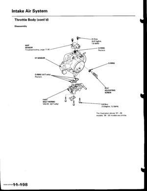 Page 400
Intake Air System
Throttle Body (contd)
Disassembly
O-RING {A/l only)Replace.
IDLE THERMOVALVE (A/T only)
ADJUSTINGSCREW
9.8 N.m(1.0 kgl.m,7.2 lbf.ftl
The illustration shows97 - 98models,99 00 models are similar.
1 1-198
www.emanualpro.com  