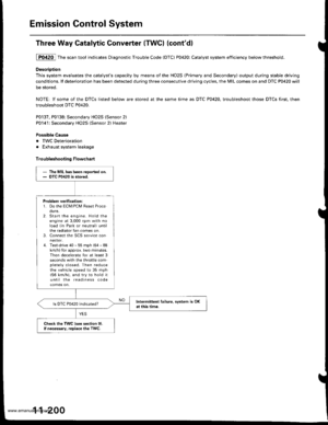 Page 402
Emission Control System
Three Way Catalytic Converter {TWCI (contd}
1P0420 Thescantool indicates Diagnostic Trouble Code (DTC) P0420: Catalyst system efficiency belowthreshold.
DescriDtion
This system evaluates the catalysts capacity by means of the HO2S (Primary and Secondary) output during stable driving
conditions. lf deterioration has been detected during three consecutive driving cycles, the MIL comes on and DTC P0420 will
be stored.
NOTE: lf some of the DTCS listed below are stored at the same...