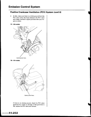 Page 404
Emission Control System
Positive Crankcase Ventilation (PCV) System (contdl
2. At idle, make sure there is a clicking sound from the
PCV valve when the hose between the PCV valve
and intake manifold is lightly pinched with your fin-
gers or pliers.
97 - 98 models:
99 - 00 modelsi
lf there is no clicking sound, check the PCV valvegrocrmet for cracks or damage, lf the grommet is
OK, reDlace the PCV valve and recheck.
Gently pinch here.
Gently pinch here.
11-202
www.emanualpro.com  