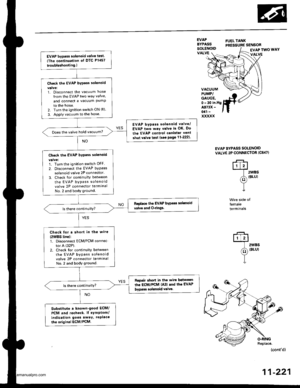 Page 423
EVAP bypass solenoid valv€ test.
{The continuation of DTC P1457
troubleshooting.l
Check the EVAP bypass 3olenoid
1. Disconnect the vacuLlm hose
from the EVAP two way valve,
and conned a vacuum PUmPto the hose.2. Turn the ignition switch ON (ll).
3. Apply vacuum to the hose
EVAP bvpas3 30lsnoid vrlvo/
EVAP two way v.lve is OK. Do
the EVAP control canisler vent
3hut v.lve te3l (see Psge112221.
Does the valve hold vacuum?
Ch6ck the EVAP byp.ss solenoid
1. Turn the ignition switch OFF
2. Disconnect the EVAP...