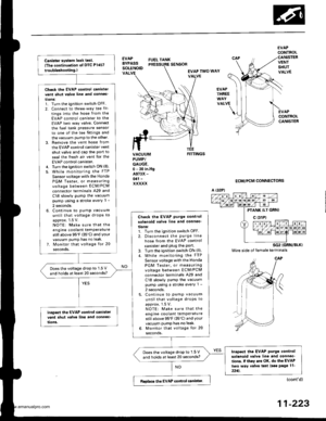 Page 425
Canbter system leak test
{The continuation of DTC P1457
trouble3hootin9.)
Chock the EVAP control canistervent shut valve line and connoc
tonS:1. Turn the ignition switch OFF
2. Connect to threeway tee fit_
tings into the hose from the
EVAP control canister to the
EVAP two way valve. Connect
the fuel tank pressure sensor
to one of the tee fittings and
the vacuum PumP to the other
3. Remove the vent hose from
the EVAP control canister vent
shut valve and cap the Pon to
seal the fresh air vent Ior the
EVAP...