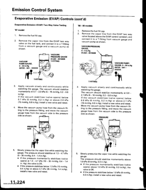 Page 426
Emission Control System
Evaporative Emission (EVAP) Controls (cont,dl
Evaporative Emission (EVAP) Two Way Valve Testing
97 model:
1. Remove the fuelfill cap.
2. Remove the vapor Iine from the EVAP two wayvalve on the fuel tank, and connect it to a T_fittingfrom a vacuum gauge and a vacuum pump asshown.
VACUUM,/PRESSURE GAUGEotJAz - 001 rDoBT-FITTINGVACUUMPUMP/GAUGE,0 - 30 in.HgA973X-041-XXXXX
3. Apply vacuum slowly and continuouslv whilewatching the gauge. The vacuum should stabilizemomentarily at 0.7 -...