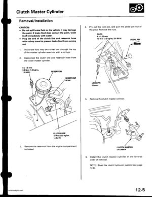 Page 432
Glutch Master Cylinder
Removal/lnstallation
CAUTION:
. Do not spill brake fluid on the vehicle; it may damage
the paint; if brake tluid does contact the paint. wash
it off immediately with water.
. Plug the end ol the clutch line and leservoir hose
with a shop towel to prevent brake tluid trom coming
out.
The brake fluid may be sucked out through the top
of the master cylinder reservoir with a syringe.
Disconnect the clutch line and reservoir hose from
the clutch master cylinder,
t.
9.8 N.m 11.0 kst...