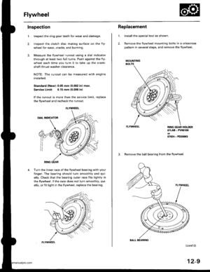 Page 436
Flywheel
Inspection
2.
3.
Llnspect the ring gear teeth for wear and damage.
Inspect the clutch disc mating surface on the fly-
wheel for wear, cracks, and burning
Measure the flywheel runout using a dial indicator
through at least two full turns. Push against the fly-
wheel each time you turn it to take up the crank-
shaft thrust washer clearance.
NOTE: The runout can be measured with engine
installed.
Standard (Newl: 0.05 mm (0.002 in) max.
Service Limit: 0.15 mm {0.006 inl
lf the runout is more than...