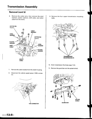 Page 447
Transmission Assembly
Removal (contdl
6. Remove the cotter pins,
washers, plastic washers.
cable from the levers.
then remove the steel
shift cable, and select
1.
8.
Remove the cable bracket from the clutch housing.
Disconnect the vehicle speed sensor (VSS) connec-tor.
-------------.2
13-8
9. Remove the
bolts.
four upper transmission mou nting
10.
11.
Drain transmission fluid (see page 13-3).
Remove the guard bar and the splash shield.
MOUNNNG BOLTS
www.emanualpro.com  