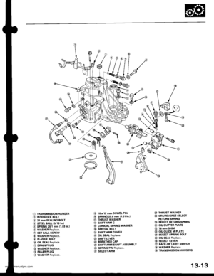 Page 452
C) TRANSMISSION HANGER
O INTERLOCK BOLT
O 32 mm SEALING BOLT
@ STEEL BALL {5/16 in.)
€) SPRING 26.1 mm {1.03 in.l
@ wasHER Replace.
O sET BALL scREw
@ WASHER Replace.
€) FLANGE BOLT
@ oll SEAL Replace.
@ DRAIN PLUG
@ WASHER Replace.
@ FILLER PLUG
@ WASHER Replace.
(9 10 x 12 mm DOWEL PIN(D SPRING 25.6 mm 11.01 in.l
€ THRUST WASHER
@} SHIFT ARM C(3 CONICAL SPRING WASHER
@ SPECTAL BOLT
8] SHIFT ARM COVER
@ OIL SEAL Replace.
€! SHIFT LEVER
@I BREATHER CAP(2! SHIFT ARM SHAFT ASSEMBLY
@ SPRING PIN Replace.O...