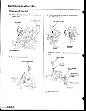 Page 455
Transmission Assembly
Disassembly (contdl
14. Remove the oil gutter plate, 78 mm shim, and oilguide M plate.
OIL GUIDE M PLATE
15. Remove the select spring bolt.
OIL GUTTER PLATE
SELECT SPRING BOLT
13-16
18. Remove the oil seal.
16.Remove the spring pin using the pin punch and apair of diagonal cutters.
PIN PUNCH, 5.0 mm
17. Remove the select lever, springs, washer, and selectarm.
SEL€CT LEVER
{
V
OIL SEALReplace.
THRUST WASHER
Replace.
SELECT ARM
www.emanualpro.com  