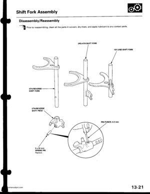 Page 460
Shift Fork Assembly
Disassembly/ReassemblY
I erior,o reassembling, clean all the pans in solvent, dry them, and apply lubricant to any contact parts
1ST/2ND SHIFT FORK
SHIFT PIECE
PIN PUNCH, 5.0 mm
3RD/,|TH SHIFT FoRK
5TH/REVERSE
13-21
www.emanualpro.com  