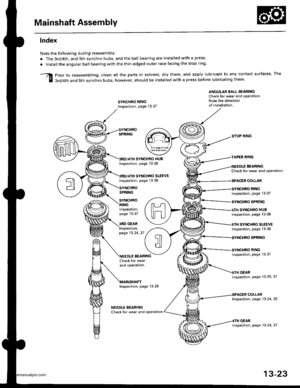 Page 462
Mainshaft Assembly
lndex
Note the Iollowing during reassembly:
. The 3rd/4th, and 5th synchro hubs, and the ball bearing are installed with a press.
. Installthe angular ball bearing with the thin-edged outer race facing the stop ring
prior to reassembling, clean all the parts in solvent, dry them, and apply lubricant to any contact surfaces. The
3rd/4th and 5th svnchro hubs, however, should be installed with a press before lubricating them
ANGULAR EALL BEARINGCheck for wear and operation.Note the...