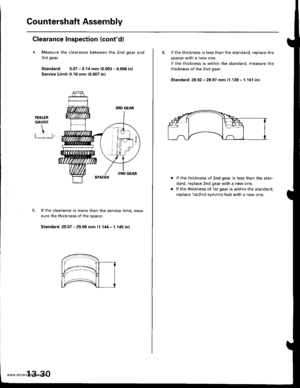 Page 469
Countershaft Assembly
Clearance Inspection (contdl
4. Measure the clearance between the 2nd qear and
3rd gear.
Standard: 0.07 - 0.1,1 mm (0.003 - 0.006 inl
Service Limit:0.18 mm (0.007 inl
FEET.ERGAUGE
!t .-]
lf the clearance is more than the service limit. mea-
sure the thickness of the spacer.
Standard: 29.07 - 29.09 mm (l.14il - 1.145 inl
13-30
6. lf the thickness is less than the standard, reDlace the
spacer wrln a new one.
lf the thickness is within the standard, measure the
thickness of the 2nd...