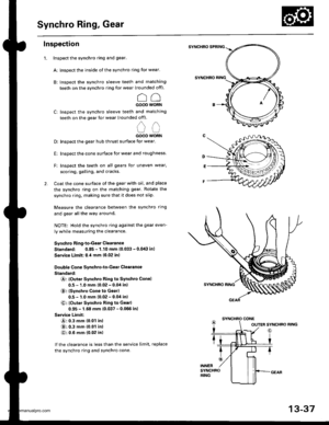 Page 476
Synchro Ring, Gear
Inspection
Inspect the synchro ring and gear.
Ar lnspect the inside of the synchro ring for wear.
B: lnspect the synchro sleeve teeth and matching
teeth on the synchro ring for wear (rounded of0.
CCGOOO WORN
Cr Inspect the synchro sleeve teeth and matching
teeth on the gear tor wear (rounded off).
,,

u (-l
GOOO WORN
D: Inspect the gear hub thrust surface for wear.
E: Inspect the cone surface lor wear and roughness.
F: Inspect the teeth on all gears for uneven wear,
scoring, galling,...