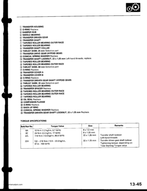 Page 484
O TRANSFER HOUSING
@ O-RING Replace.
O DAMPER HUB
G) NEEDLE BEARING
G) TRANSFER DRIVEN GEAR
G) TRANSFER SHAFT
O TAPERED ROLLER BEARING OUTER RACE
@ TAPERED ROLLER BEARING
€) TRANSFER SHAFT COLLAR
@ THRUST SHIM, 25 mm selective part
6D TRANSFER DRIVE GEAR (HYPOID GEAR)
@ CONICAL SPRING WASHER RePlace
GD TRANSFER SHAFT LOCKNUT.22 x 1.25 mm Left-hand threads, replace
E) TAPERED ROLLER BEARING
@ TAPERED ROLLER BEARING OUTER RACE
@ THRUST sHlM. 68 mm selective part
O o.RlNG Replace.
@ TRANSFER COVER A
GD...