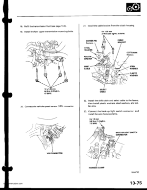 Page 514
18.
19.
Refill the transmission fluid (see page 13-3)
Install the four upper transmission mounting bolts.
12 x 1.25 mm6it N.m 16.5 kgf m,il7 lbf.ftl
20. Connect the vehicle speed sensor (VSS) connector.
------------,-
VSS CONNECTOR
21, Install the cable bracket from the clutch housing.
8 x 1.25 mm27 N.m (2.8 kgtm. 20 lbtftl
COTTER PINR€place.
STEELWASHER
COTTEN PINReplace.
STEELWASHER
PLASTICWASHER
22.
)a
SELECTCABLE
lnstall the shift cable and select cable to the levers,
then install plastic washers,...