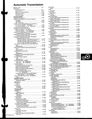 Page 517
Automatic Transmission
Special Tools . 142OescriptionGeneral Operation . .... 14 3Power Flow . . .. 14_6
Electronic Control System .. .. . . .. .14_15Hydraulic Control .. 14 24Hydraulic Flow....-....... .. . .... .. .. . 14_29Lockup Syslem .. .t439Electrical SystemComponenl Locdlrons 14 45
PCM Circuil Dragram (A/T Control Svstem)97 Model ....................... . . .. - . ... .14-4698Model ................. . ... .. .. .145099 00Models.... . .... . . . 1452
PCM Terminal Voltage/Measuring ConditionsA/T...