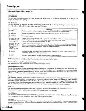 Page 520
Description
General Operation (contdl
Gsar Selection97 - 98 Models
The shift lever has seven positions; El PARK, ts REVERSE, N NEUTRAL, Ell 1st through 4th ranges, lpq 1st th.ough 3rdranges, P 2nd gear, and [ 1st gear
99 - 00 Models
The shitt lever has six positions; El PARK, E REVERSE, E NEUTRAL. E ,lst through 4th ranges, and 1st through 3rd(when Over-Drive (O/D) is OFF) ranges. @ 2nd gear, and E 1st gear.
Starting is possible only in @ and @ positions. using a slide-type. neutral-safety switch....