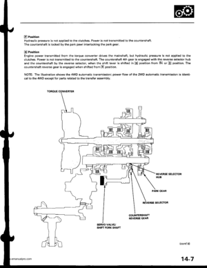 Page 523
E Po3ition
Hydraulic pressure is not applied to the clutches. Power is not transmitted to the countershaft.
The countershaft is locked by the park pawl interlocking the park gear,
E Position
Engine power transmitted from the torque converter drives the mainshaft. but hydraulic pressure is not applied to the
clutches. Power is not transmitted to the countershaft. The countershaft 4th gear is engaged with the reverse selector hub
and the countershaft by the reverse selector, when the shift lever is...