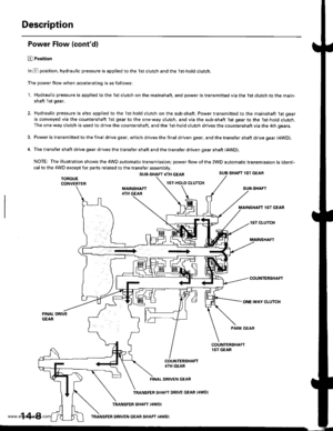 Page 524
Description
Power Flow (contdl
E Position
In E position, hydraulic pressure is applied to the lst clutch and the lst-hold clutch.
The power flow when accelerating is as follows:
1. Hydraulic pressure is applied to the lst clutch on the mainshaft, and power is transmitted via the 1st clutch to the main-
shaft 1st gear.
Hydraulic pressure is also applied to the lst-hold clutch on the sub-shaft. Power transmitted to the mainshaft 1st gear
is conveyed via the countershaft 1st gear to the one-way clutch, and...