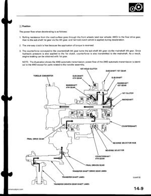 Page 525
2.
L
E Position
The power flow when decelerating is as follows:
Rolling resistance trom the road surface goes through the tront wheels (and rear wheels: 4WD) to the final drive gear.
then to the sub-shaft lst gear via the 4th gear. and 1st-hold clutch which is applied during deceleration.
The one-way clutch is free because the application of torque is reversed.
The counterforce conveyed to the countershaft 4th gear turns the sub-shaft 4th gear via the mainshaft 4th gear. Since
hydraulic pressure is also...