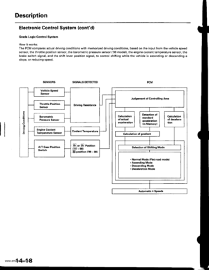 Page 534
Description
Electronic Control System (contdl
Grade Logic Control System
How it works:
The PCM compares actual driving conditions with memorized driving conditions, based on the input from the vehicle speed
sensor, the throttle position sensor, the barometric pressure sensor (98 model). the engine coolant temperature sensor, the
brake switch signal, and the shift lever position signal, to control shifting while the vehicle is ascending or descending a
slope, or reducing speed.
SIGNALS DETECTED
Driving...