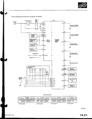 Page 537
Circuit Diagram and Terminal Locationsr9T Model
IGNITIONSWITCH
LOC( UPCONTROL
LOCK UPCONTROLSOLEITOIDVALVE B
sf Frc0|lltF0LSOLENOIDVALVE A
sHrFr c0r{TnoLSOLEI{OID VALVE B
UNEASSOLINOID
14-21
www.emanualpro.com  