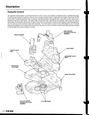 Page 540
Description
Hydraulic Control
The hydraulic control system is controlled by the ATF pump, valves, accumulators, and electronically controlled solenoids.
The ATF pump is driven by splines on the end of the torque converter which is aftached to the engine. Fluid from the ATF
pump flows through the regulator valve to maintain specified pressure, through the main valve body, to the manual valve,
directing pressure to each clutch. The valve body includes the main valve body, the regulator valve body, the...