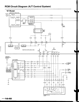 Page 562
PCM Circuit Diagram (A/T Control System)
97 Model
UNDER.I]OOD FUSAFELAY BOXEATTEFY
_YEL_
T-l ,
TT-l
t_-:
G101
Fr-r.04
P- r.-or..u L_a TMEALOC(BrK€ru -
| []
I l,[-l
III ;,
F_ pw
P_ eLu
F-- enN
UNDER DASN
M 25(7.54)
IGNITONSWITCH UNDEF OASNFUSAFELAYSOX
oowEa-qar. cor.lFo- MooLrE rpcMr F  &*1 r*--l_____O_=_ATP IO! ,ATP . ATD , A-P , A-P , A-PNP lrNo lR 101 103 12 ll
ArTGEAR POS]TIONswtcN
14-46
www.emanualpro.com  