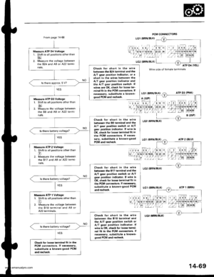 Page 585
From page 14-68
Measure ATP D4 Voltage:1. Shift to all positions other than
Eil2. [/leasure the voltage betweenthe 824 and Ag or A22 termi-nals.Check tor short in the wire
between the 824 terminal and theA/T geai position indicator. or a
3hort in the wir6s between theA/T gear position indicttor and
the A/T gear position switch. lf
wires are OK, check lor loose terminal fit in the PCM conneclo.s. lf
necessary, substitute a knowngood PrCM and recheck.
ls there approx. 5 V?
M€asure ATP D3 Voltage:L Shift...