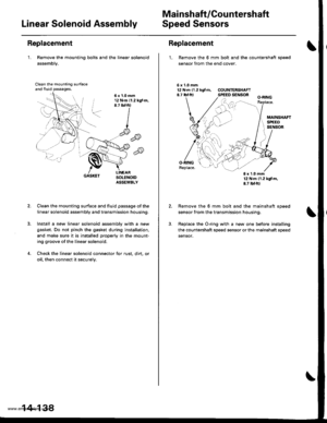 Page 654
Mai nshaft /Cou ntershaft
Linear Solenoid AssemblySpeed Sensors
Replacement
1. Remove the mounting bolts and the linear solenoid
assemblY.
Clean the mounting surfaceand fluid passages.
6x1.0mm12 N.m (1.2 kg{.m.8.7 tbtftl
@
@
GASKET
Clean the mounting surface and fluid passage of the
linear solenoid assembly and transmission housing.
Install a new linear solenoid assemblv with a new
gasket. Do not pinch the gasket during installation,
and make sure it is installed properly in the mount-
ing groove of the...