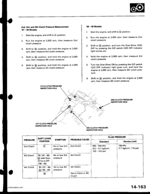 Page 679
znd, 3rd, and ,lth Clutch Pressurs Measuremenl97 - 98 Modols:
1. Stan the engine, and shift to E position.
2. Run the engine at 2,000 rpm, then measure 2nd
clutch pressure.
3. Shift to E position, and hold the engine at 2000
rpm, then measure 3rd clutch pressure.
4. Shift to E position, and hold the engine at 2,000
rpm, then measure 4th clutch pressure.
5. Shift to @ position, and hold the engine at 2,000
rpm, then measure 4th clutch pressure.
4TH CLUTCH PRESSUREINSPECTION HOLE
99 - 00 Models:
1. Start...