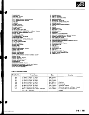 Page 691
O END COVER
O olL SEAL Replace.
O BALL BEARING
@ A/T GEAR PoSITIoN swITcH coVER
€) A/T GEAn PosrloN swrrcH
@ ROLLER
O coLLARG) o-RING Replace.{9) FEED PIPE FLANGE
@ O-RING Replace.
O SNAP RING
@ 3RD CLUTCH FEED PIPE(D CoUNTERSHAFT LOCKNUT 23 x 1.25 mm Replace.(} coNtcAL SPR|NG WASHER Reptace.
@ PARK GEAR@ ONE.WAY CLUTCH(, COUNTENSHAFT lST GEAR(D NEEOLE BEARING(O COUNTERSHAFT lST GEAR COLLAR
@ o-RING Reptace.
@ lST CLUTCH FEED PIPE
@ O-RING Reptace.
@} FEEO PIPE FLANGE
@ SNAP RING
@ DOWEL PIN
@ END coVER...