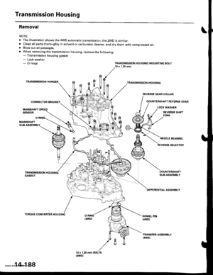 Page 704
Transmission Housing
Removal
NOTE:
. The illustration shows the 4WD automatic transmission; the 2WD is similar,. Cleanall parts thoroughly in solvent or carburetor cleaner. and drythemwith compressed air.. Blow out all passages.
. When removing the transmission housing, replace the lollowing:- Transmission housing gasket- Lock washer- O-rings
TRANSMISSION HANGERTRANSMISSION HOUSING
REVERSE GEAN COLLAR
TRANSMISSION HOUSING MOUNTING EOLT
CONNECTOR BRACKET
MAINSHAFT SPEEDSENSOR
REVERSE GEAR
LOCK WASHER...