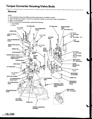 Page 706
Torque Converter Housing/Valve Body
Removal
NOTE:
. The illustration shows the 4WD automatic transmission; the 2WD is similar. cleanall parts thoroughry in sorvent or carburetor creaner, and drythem with compressed air.. Blow out all passages.
. When removing the valve bodies, replace the following:- Lock washer- O-ringATF FEED PIPESERVO DETENTBASE137 - 98 models only)
DOWEL PIN
LOCK.UP VALVEBOOY
6x1.0mm97 - 98 models:2 Bolts99 - 00 modeb: 1 Bolt
LOCK.UP SEPARAPLATE
REGULAIOR VALVEBOOY
ATFSTRAINER
DOWEL...