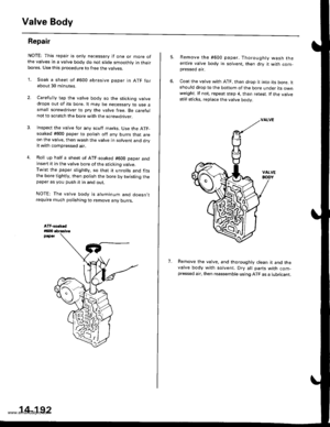 Page 708
Valve Body
Repair
NOTE: This repair is only necessary if one or more ofthe valves in a valve body do not slide smoothly in theirbores. Use this procedure to free the varves.
1. Soak a sheet of #600 abrasive paper in ATF forabout 30 minutes.
2. Carelully tap the valve body so the sticking valvedrops out of its bore. lt may be necessary to use asmall screwdriver to pry the valve free. Be carefulnot to scratch the bore with the screwdriver.
4.
Inspect the valve for any scutf marks. Use the ATF-soaked #600...