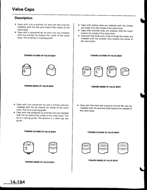 Page 710
Valve Gaps
Description
Caps with one projected tip and one flat end areinstalled with the flat end toward the inside of thevalve body.
Caps with a projected tip on each end are installedwith the smaller tip toward the inside of the valvebody. The small tip is a spring guide.
TOWARD OUTSIDE OF VALVE AODY
TOWARD INSIDE OF VALVE BODY
Caps with one projected tip and a hollow end areinstalled with the tip toward the inside of the valvebody. The tip is a spring guide.
Caps with one projected tip and flat end...