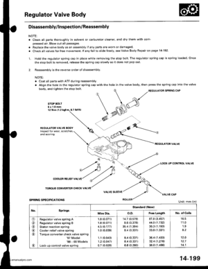 Page 715
Regulator Valve Body
Disassembly/lnspection/Reassembly
NOTE:
o Clean all parts thoroughly in solvent or carburetor cleaner, and dry them with com-
pressed air. Blow out all passages.
. Replace the valve body as an assembly if any parts are worn or damaged.
. Checkall valvesforfree movement. lf anyfail toslidefreely, see Valve Body Repair on page l4-192.
1. Hold the regulator spring cap in place while removing the stop bolt. The regulator spring cap is spring loaded Once
the stop bolt is removed, release...