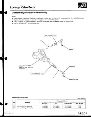 Page 717
Lock-up Valve Body
Disassembly/lnspection/Reassem bly
NOTE:
. Clean all parts thoroughly in solvent or carburetor cleaner, and dry them with compressed air. Blow out all passages.
. Replace the valve body as an assembly if any parts are worn or damaged.
. Checkall valvesforfree movement. lf anyfailto slide freely, seeValve Body Repairon page 14-192.
. Coat all parts with ATF during reassembly.
LOCK.UP SHIFT VALVE
\/ 
\-.xlO
 @-tr
, ^ ,As. \o...*
LOCK-UP VALVE EODY
Inspect lor wear, scratches,
and...